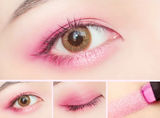 Close-up collage of a person's eye with pink makeup. The top image shows the full eye open, highlighting pink eyeshadow and waterproof mascara. Below are three smaller images: one of the eye open, one of the eye closed showing the eyeshadow, and one of a pink makeup swatch, perfect for a natural look using ExZachly Perfect's Two-tone eye shadow stick lazy eye shadow.