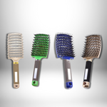 An image shows four different ExZachly Perfect Hairbrush Anti Klit Brushy Haarborstel, perfect for a soothing scalp massage, with varying colors and designs. The brushes from left to right are gold, green, blue, and beige, each featuring distinct handle patterns and bristle configurations on a gradient gray background.