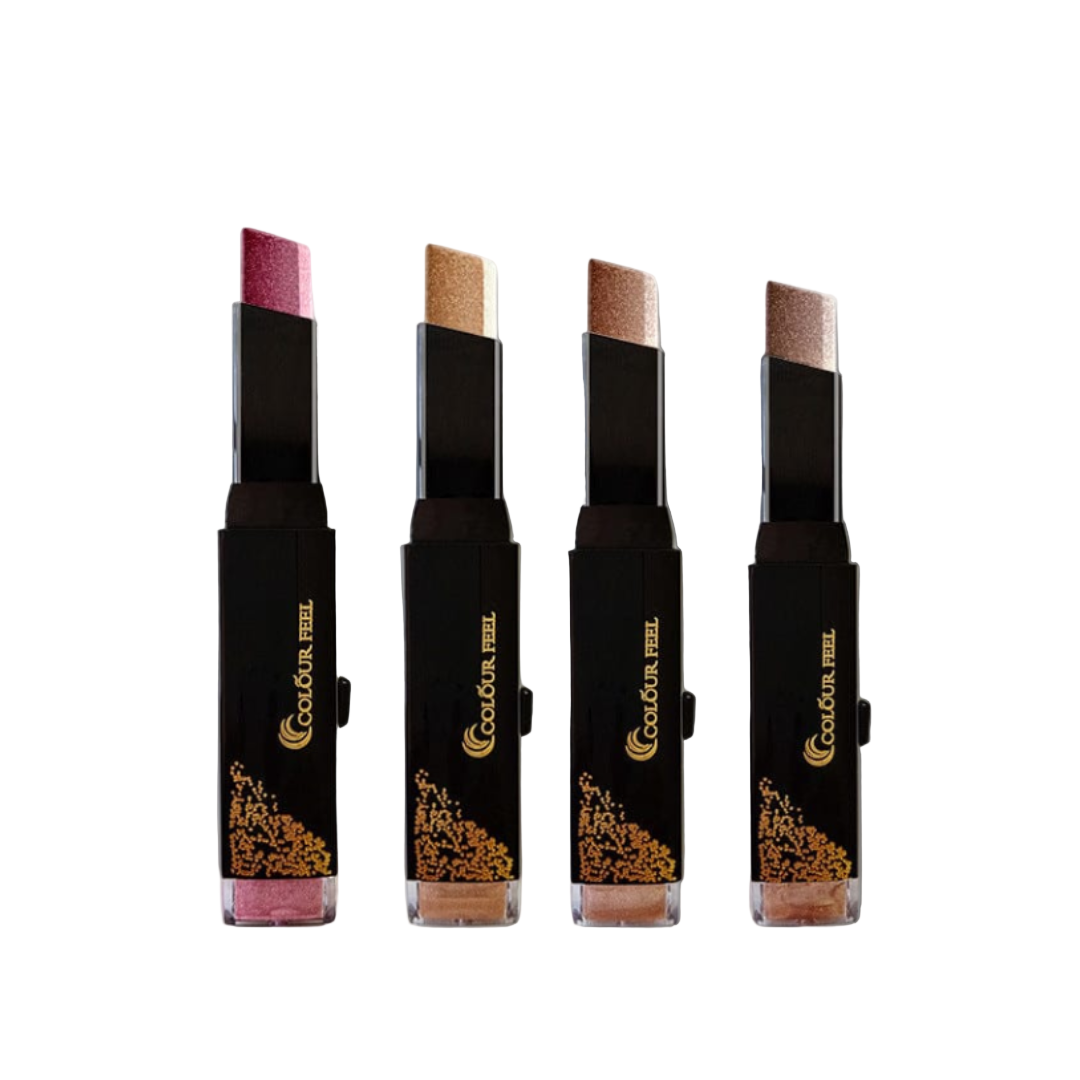 Image of four ExZachly Perfect Two-tone eye shadow stick lazy eye shadows in different shades. Each eye shadow stick is in a sleek black tube with gold detailing. The shades range from a deep pink to a deep brown, perfect for neutral skin types. These waterproof eye shadows are set against a subtle gradient background, highlighting their vibrancy.