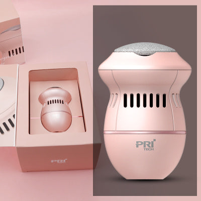 A pink Multifunctional Electric Foot File Grinder Machine Dead Skin Callus Remover is shown. On the left, it is packaged in a matching pink box with a clear window. On the right, it’s displayed out of the box, featuring a black abrasive roller on top and ventilation slots below. It bears the "ExZachly Perfect" logo and offers USB charging for convenience.