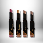 Image of four ExZachly Perfect Two-tone eye shadow stick lazy eye shadows in different shades. Each eye shadow stick is in a sleek black tube with gold detailing. The shades range from a deep pink to a deep brown, perfect for neutral skin types. These waterproof eye shadows are set against a subtle gradient background, highlighting their vibrancy.