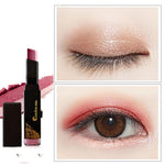 A close-up image featuring a pink **Two-tone eye shadow stick lazy eye shadow** and lipstick set, perfect for neutral skin types. The left side shows the lipstick with a pink swatch beside it. The right side displays two eyes; the top one with closed eyelid applying the waterproof eyeshadow, and the bottom one with open eye showcasing it.