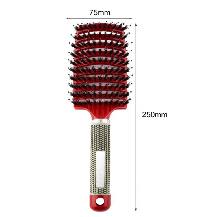 An image of an ExZachly Perfect Hairbrush Anti Klit Brushy Haarborstel with a red body and a textured handle. The brush, ideal for scalp massage, boasts densely packed bristles with black tips. Dimensions marked next to it show a width of 75mm and a total length of 250mm. A hole is present at the base of the handle.
