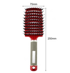 An image of an ExZachly Perfect Hairbrush Anti Klit Brushy Haarborstel with a red body and a textured handle. The brush, ideal for scalp massage, boasts densely packed bristles with black tips. Dimensions marked next to it show a width of 75mm and a total length of 250mm. A hole is present at the base of the handle.