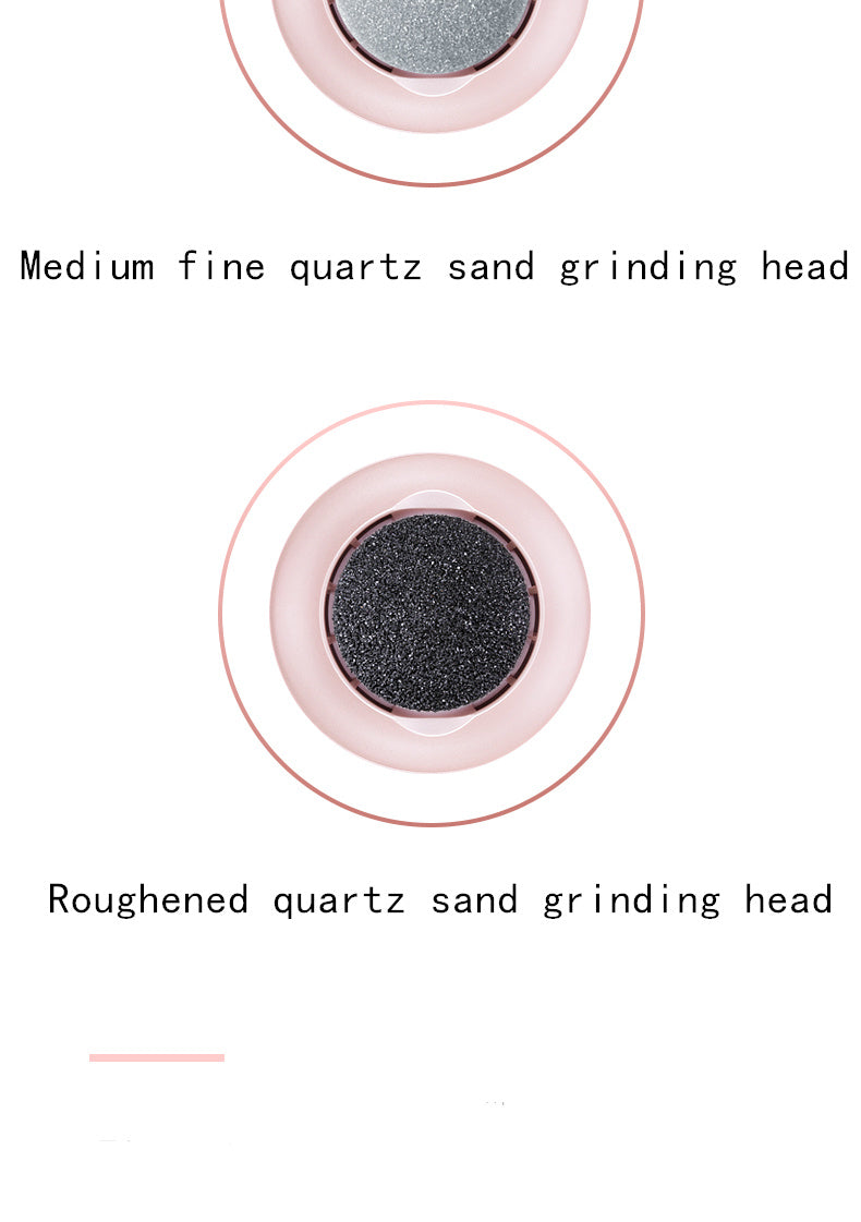 Close-up of two types of grinding heads for the ExZachly Perfect Multifunctional Electric Foot File Grinder Machine Dead Skin Callus Remover. The top grinding head, ideal for callus removal, is labeled "Medium fine quartz sand grinding head" and has a gray, fine-textured surface. The bottom "Roughened quartz sand grinding head" features a rougher, coarser texture perfect for foot massage.