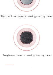 Close-up of two types of grinding heads for the ExZachly Perfect Multifunctional Electric Foot File Grinder Machine Dead Skin Callus Remover. The top grinding head, ideal for callus removal, is labeled "Medium fine quartz sand grinding head" and has a gray, fine-textured surface. The bottom "Roughened quartz sand grinding head" features a rougher, coarser texture perfect for foot massage.