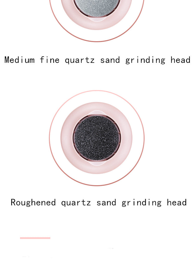 Close-up of two types of grinding heads for the ExZachly Perfect Multifunctional Electric Foot File Grinder Machine Dead Skin Callus Remover. The top grinding head, ideal for callus removal, is labeled "Medium fine quartz sand grinding head" and has a gray, fine-textured surface. The bottom "Roughened quartz sand grinding head" features a rougher, coarser texture perfect for foot massage.