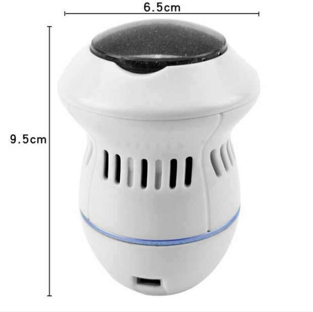 A white cylindrical ExZachly Perfect Multifunctional Electric Foot File Grinder Machine Dead Skin Callus Remover with a black top and a blue light ring near the base, equipped with ventilation slits around its middle. Measuring 6.5 cm in diameter and 9.5 cm in height, it offers USB charging for convenient use.