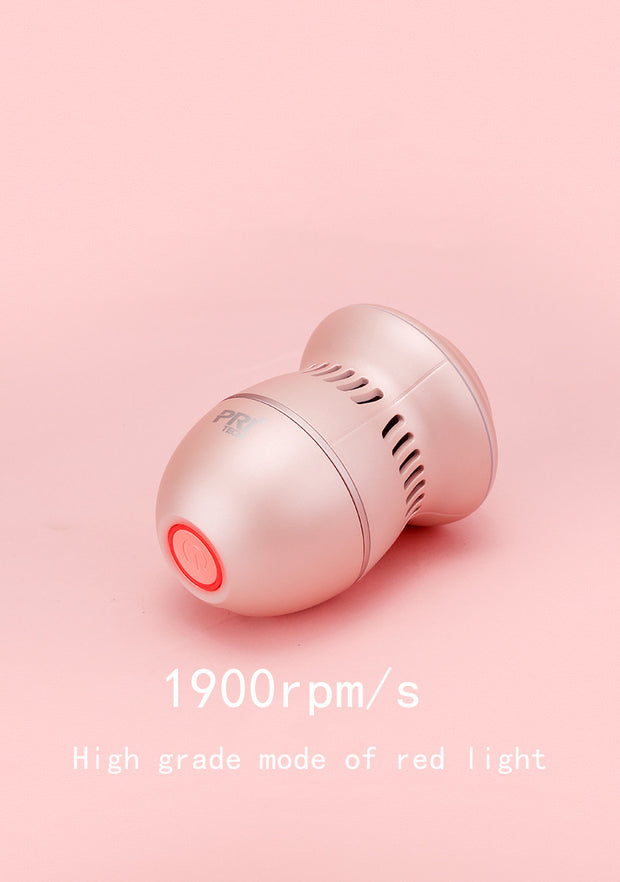 A small, cylindrical device with a pink button is positioned against a pink background. The text on the image reads "1900rpm/s" and "High grade mode of red light." Designed for personal care or grooming, it features USB charging for convenience and effectiveness in callus removal. This is the ExZachly Perfect Multifunctional Electric Foot File Grinder Machine Dead Skin Callus Remover.