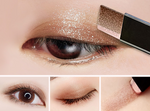 Collage of close-up shots of an eyelid being applied with glittery, light brown Two-tone eye shadow stick lazy eye shadow by ExZachly Perfect using a small brush. The photos show different angles, including an open eye, a closed eye with shadow, and a close-up of the brush applying the waterproof makeup for a natural look.