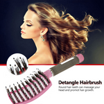 A woman with wavy hair flipping to the side is pictured above a close-up of a pink detangler hairbrush with round tips. The text reads "ExZachly Perfect Hairbrush Anti Klit Brushy Haarborstel: Round hair teeth can provide a scalp massage, enhancing relaxation and promoting hair growth.